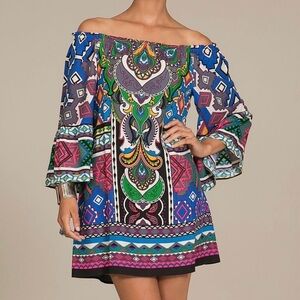 Flying‎ Tomato Mini Dress,bell short sleeves, abstract colorful design women’s M